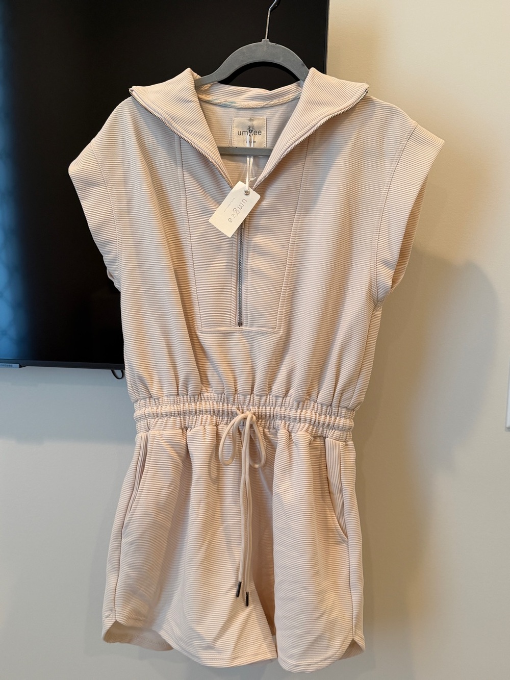 Umgee Cream Drawstring Romper with Front Zip
